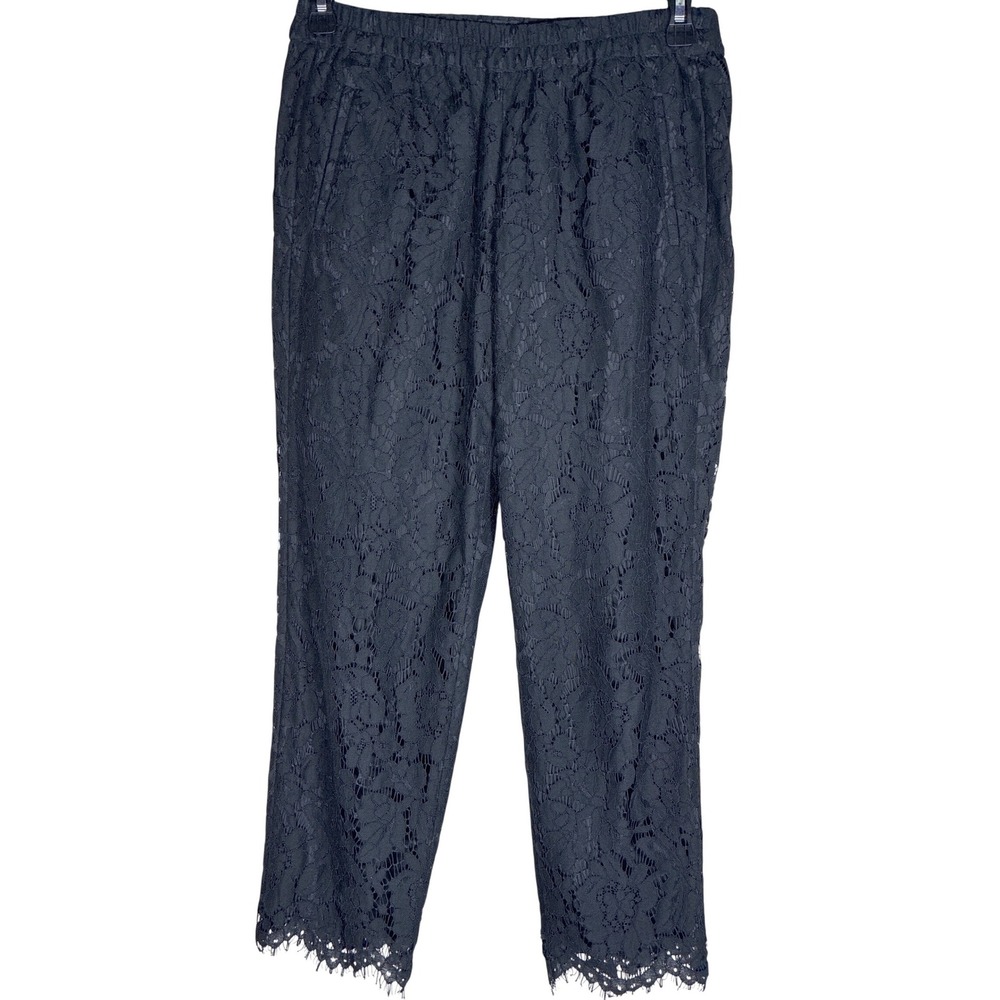 J.Crew Black floral Lace Straight Leg Pants Women's Size 6 Pull On Lined Pockets